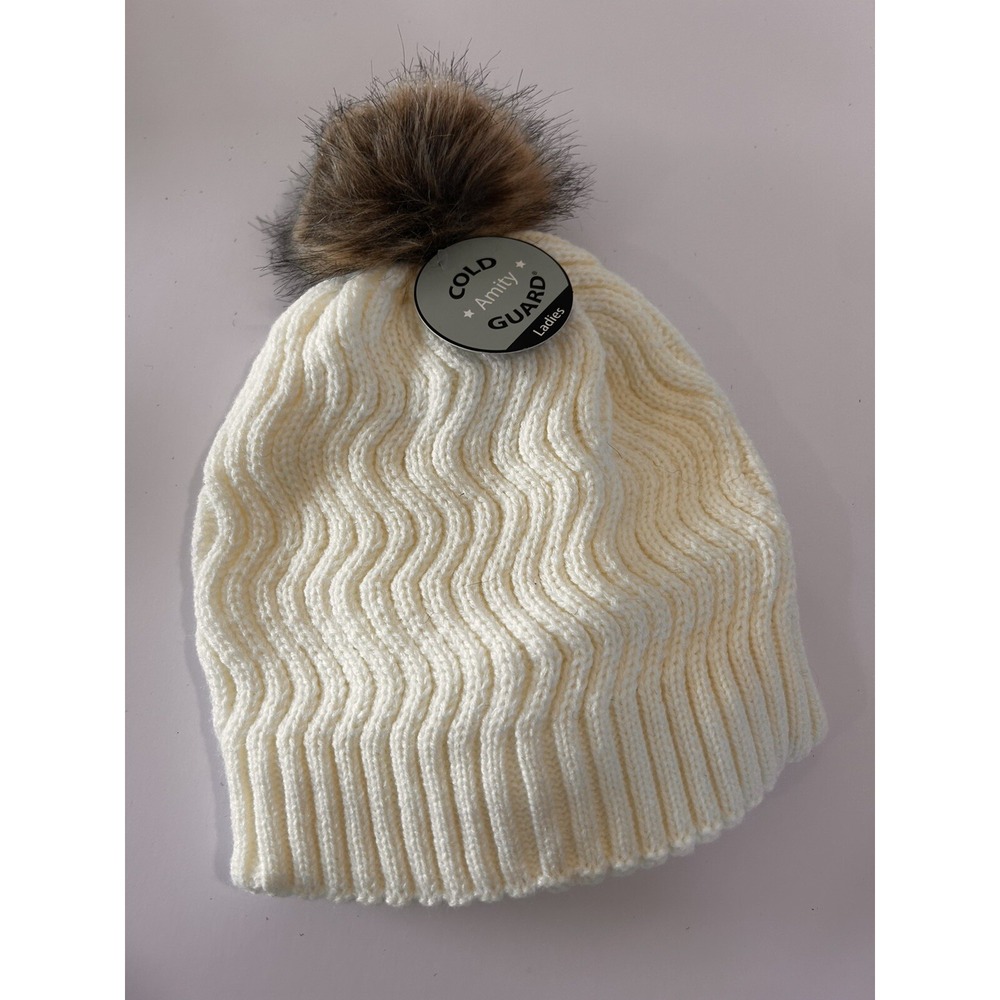 Women's Chunky Knit Winter Beanie with Pompom Ribbed Cap Cream Faux Fur Lining